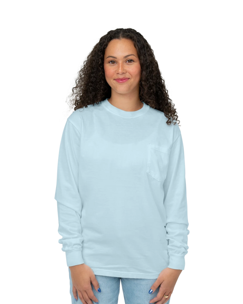 Image of a model wearing a CC4410 Comfort Colors Long Sleeve Pocket T-shirt
