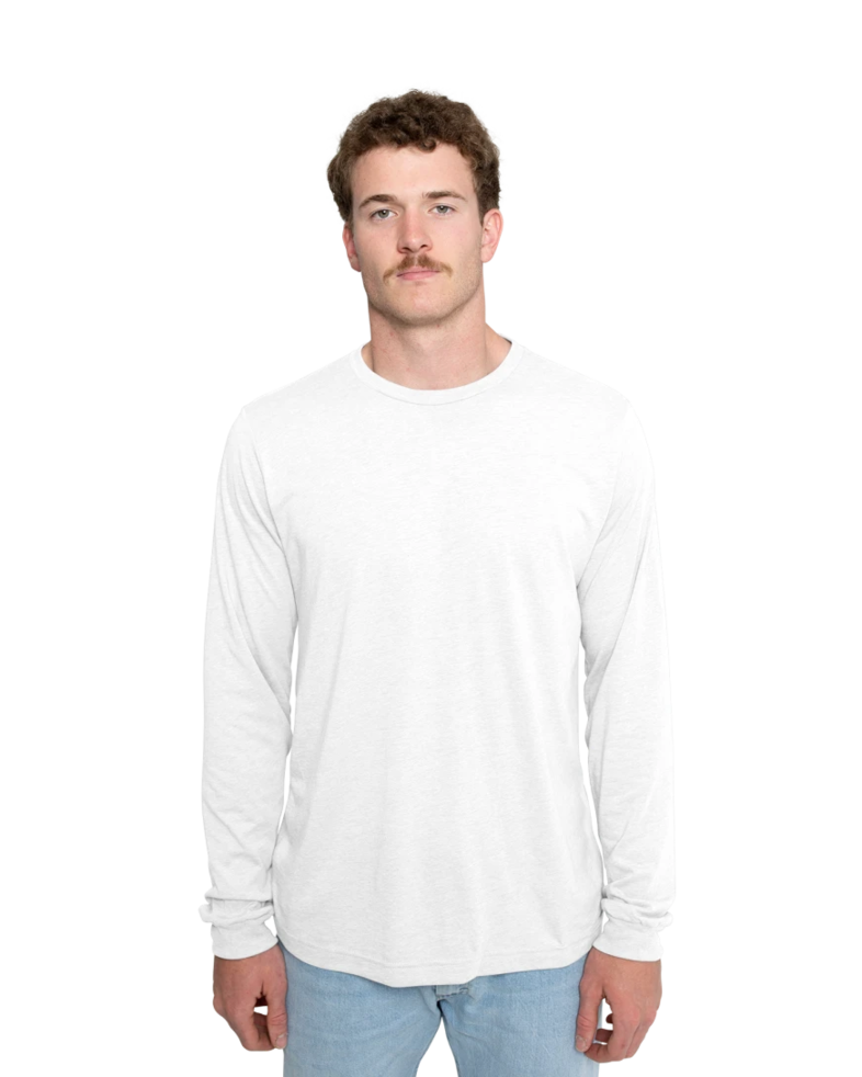 Image of a model wearing a 3513 Bella + Canvas Unisex Triblend Long Sleeve Tee