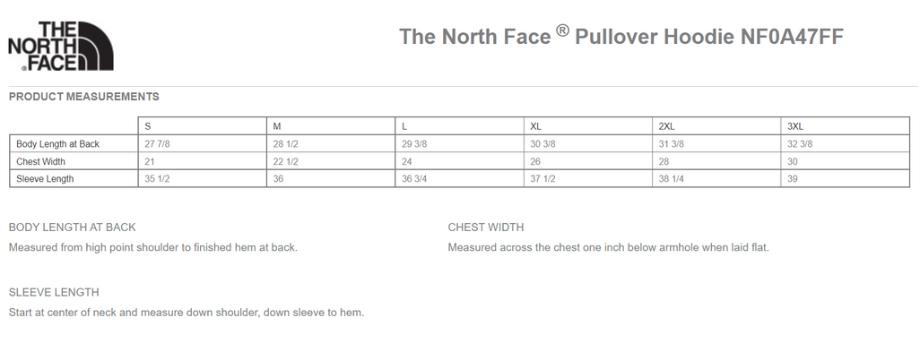 Size chart for a NF0A47FF The North Face Pullover Hoodie