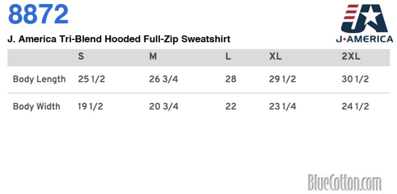 Size chart for a 8872 J. America Tri-Blend Hooded Full-Zip Sweatshirt