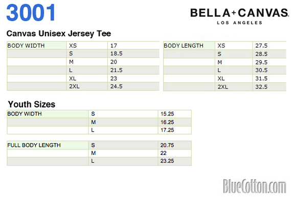 Size chart for a 3001 Bella + Canvas Unisex Jersey Tee