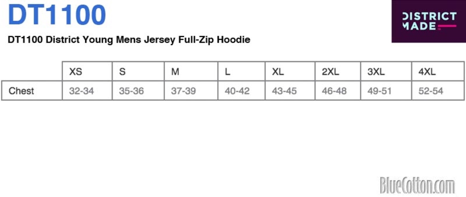 Size chart for a DT1100 District Young Mens Jersey Full-Zip T-shirt Hoodie
