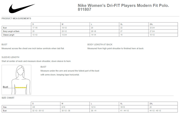 Size chart for a 811807 Nike Women's Dri-FIT Players Modern Fit Polo