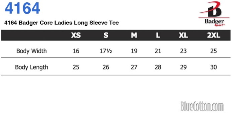 Size chart for a 4164 Badger Core Ladies Long Sleeve Tee