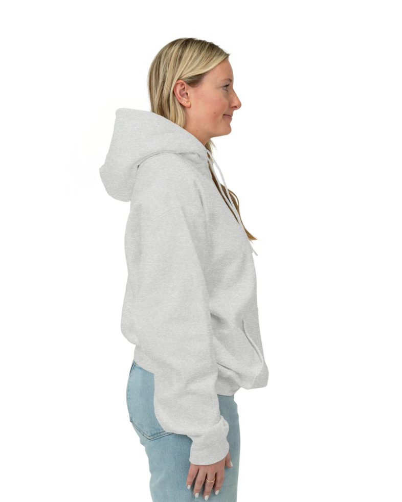 Image of a model wearing a PC90H Port & Company Essential Fleece Pullover Hooded Sweatshirt